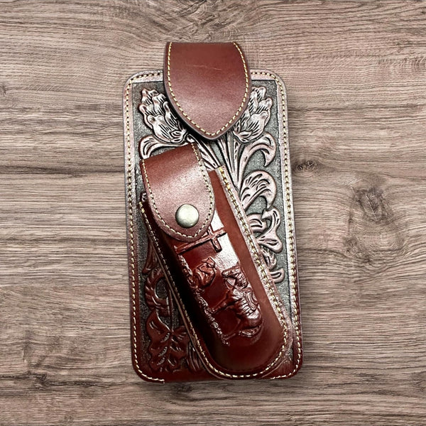 7" COWBOY PRAYER & KNIFE LEATHER POUCH HOLDER XTRA LARGE  BELT LOOP CELL PHONE CASE UNIVERSAL OVERSIZE #EH12300