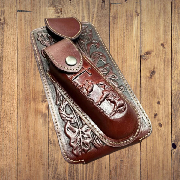7" COWBOY PRAYER & KNIFE LEATHER POUCH HOLDER XTRA LARGE  BELT LOOP CELL PHONE CASE UNIVERSAL OVERSIZE #EH12300