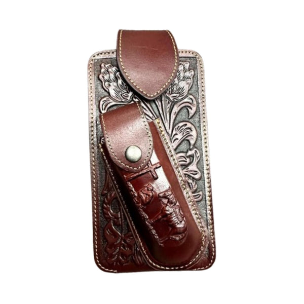 7" COWBOY PRAYER & KNIFE LEATHER POUCH HOLDER XTRA LARGE  BELT LOOP CELL PHONE CASE UNIVERSAL OVERSIZE #EH12300