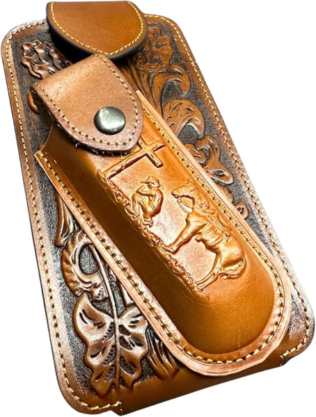 7" COWBOY PRAYER & KNIFE LEATHER POUCH HOLDER XTRA LARGE  BELT LOOP CELL PHONE CASE UNIVERSAL OVERSIZE #EH12300
