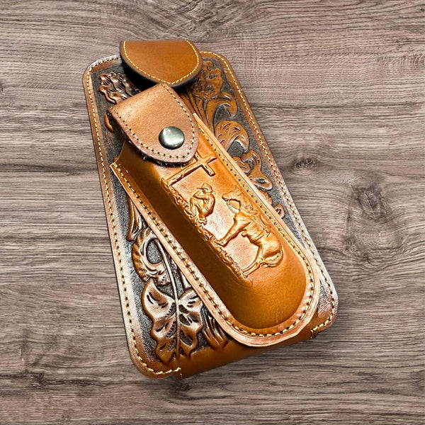 7" COWBOY PRAYER & KNIFE LEATHER POUCH HOLDER XTRA LARGE  BELT LOOP CELL PHONE CASE UNIVERSAL OVERSIZE #EH12300