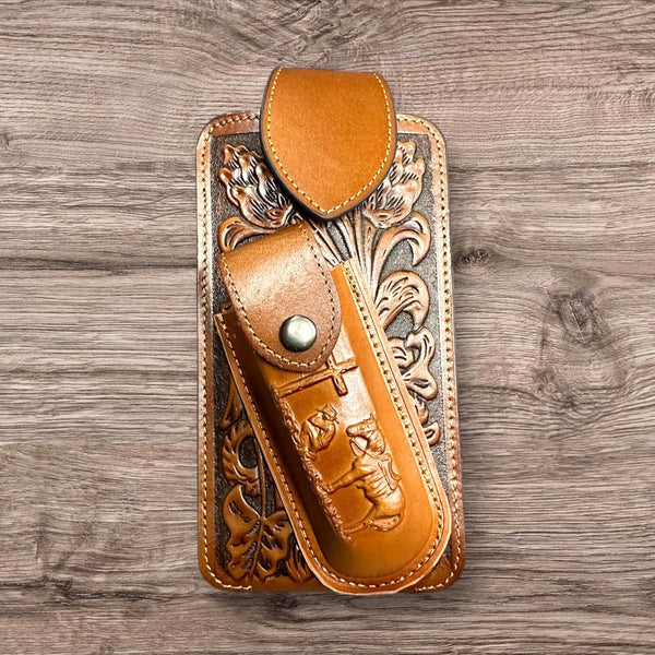 7" COWBOY PRAYER & KNIFE LEATHER POUCH HOLDER XTRA LARGE  BELT LOOP CELL PHONE CASE UNIVERSAL OVERSIZE #EH12300
