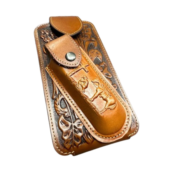 7" COWBOY PRAYER & KNIFE LEATHER POUCH HOLDER XTRA LARGE  BELT LOOP CELL PHONE CASE UNIVERSAL OVERSIZE #EH12300