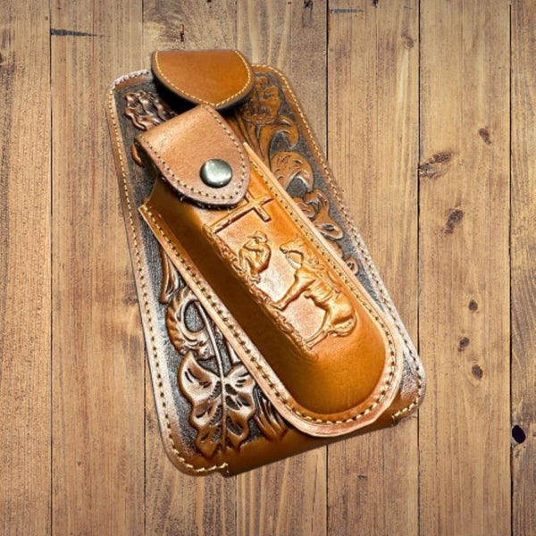 7" COWBOY PRAYER & KNIFE LEATHER POUCH HOLDER XTRA LARGE  BELT LOOP CELL PHONE CASE UNIVERSAL OVERSIZE #EH12300