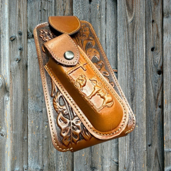 7" COWBOY PRAYER & KNIFE LEATHER POUCH HOLDER XTRA LARGE  BELT LOOP CELL PHONE CASE UNIVERSAL OVERSIZE #EH12300