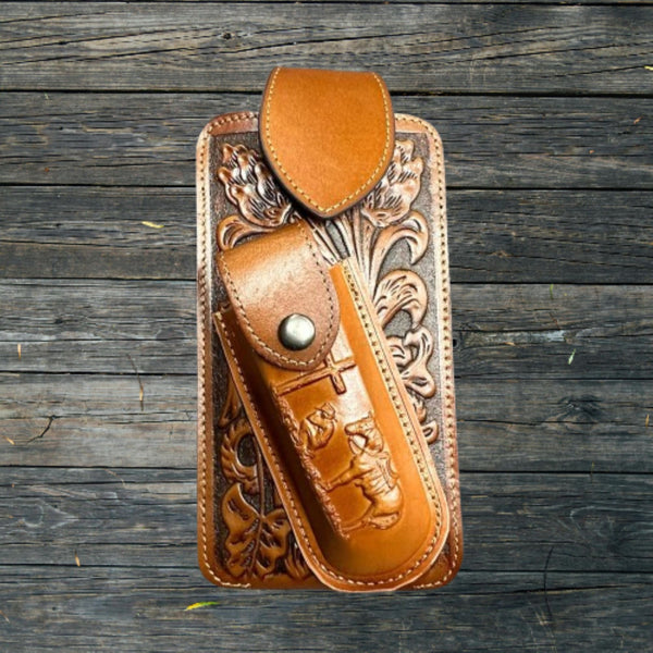 7" COWBOY PRAYER & KNIFE LEATHER POUCH HOLDER XTRA LARGE  BELT LOOP CELL PHONE CASE UNIVERSAL OVERSIZE #EH12300