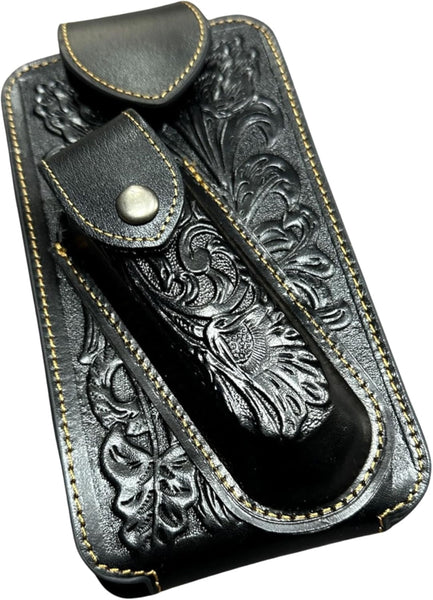 7" FLORAL & KNIFE LEATHER POUCH HOLDER XTRA LARGE  BELT LOOP CELL PHONE CASE UNIVERSAL OVERSIZE #EH12308