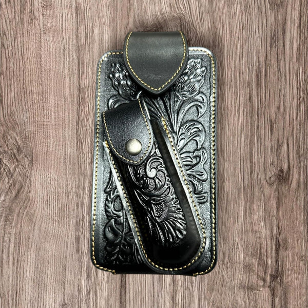 7" FLORAL & KNIFE LEATHER POUCH HOLDER XTRA LARGE  BELT LOOP CELL PHONE CASE UNIVERSAL OVERSIZE #EH12308