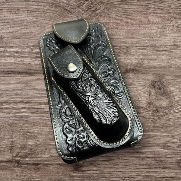 7" FLORAL & KNIFE LEATHER POUCH HOLDER XTRA LARGE  BELT LOOP CELL PHONE CASE UNIVERSAL OVERSIZE #EH12308