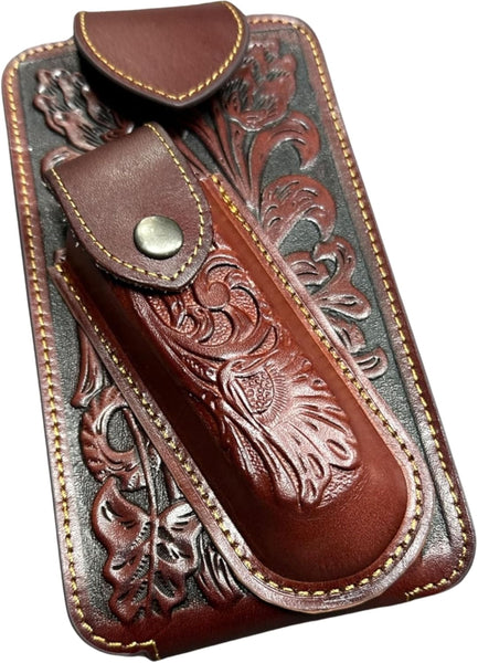 7" FLORAL & KNIFE LEATHER POUCH HOLDER XTRA LARGE  BELT LOOP CELL PHONE CASE UNIVERSAL OVERSIZE #EH12308