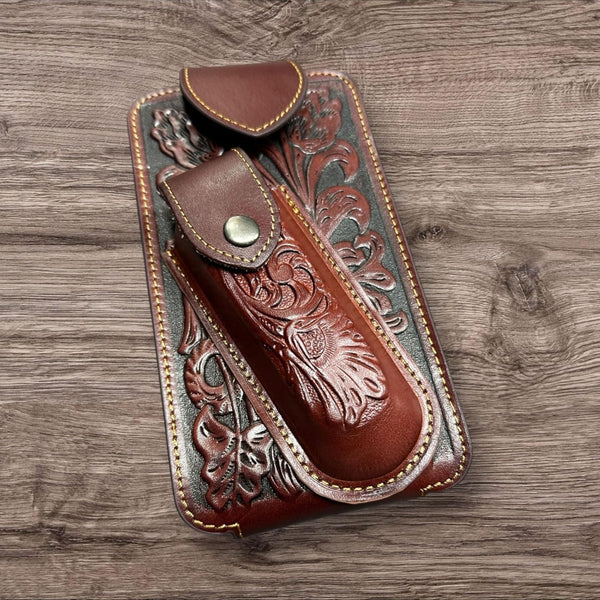 7" FLORAL & KNIFE LEATHER POUCH HOLDER XTRA LARGE  BELT LOOP CELL PHONE CASE UNIVERSAL OVERSIZE #EH12308