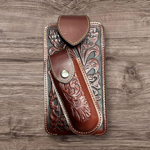 7" FLORAL & KNIFE LEATHER POUCH HOLDER XTRA LARGE  BELT LOOP CELL PHONE CASE UNIVERSAL OVERSIZE #EH12308