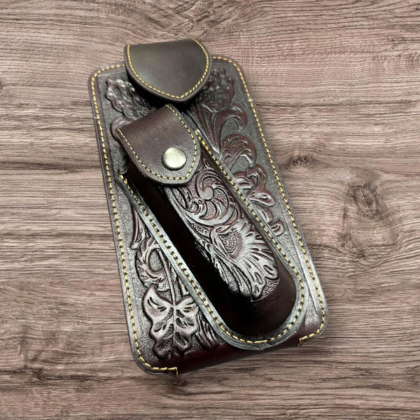 7" FLORAL & KNIFE LEATHER POUCH HOLDER XTRA LARGE  BELT LOOP CELL PHONE CASE UNIVERSAL OVERSIZE #EH12308