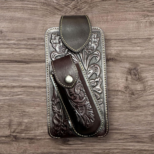 7" FLORAL & KNIFE LEATHER POUCH HOLDER XTRA LARGE  BELT LOOP CELL PHONE CASE UNIVERSAL OVERSIZE #EH12308