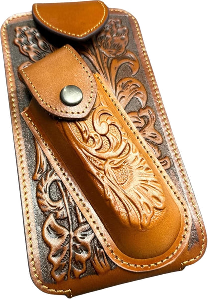 7" FLORAL & KNIFE LEATHER POUCH HOLDER XTRA LARGE  BELT LOOP CELL PHONE CASE UNIVERSAL OVERSIZE #EH12308