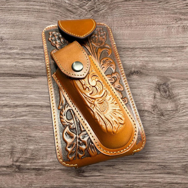 7" FLORAL & KNIFE LEATHER POUCH HOLDER XTRA LARGE  BELT LOOP CELL PHONE CASE UNIVERSAL OVERSIZE #EH12308