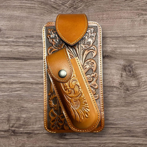 7" FLORAL & KNIFE LEATHER POUCH HOLDER XTRA LARGE  BELT LOOP CELL PHONE CASE UNIVERSAL OVERSIZE #EH12308