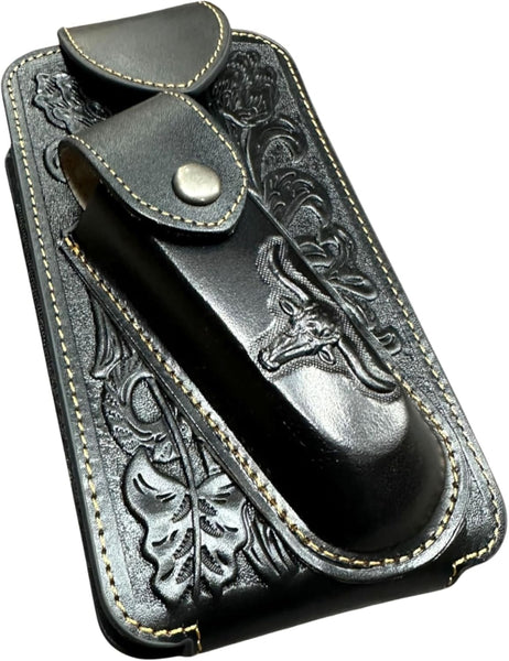 7" LONGHORN & KNIFE LEATHER POUCH HOLDER XTRA LARGE  BELT LOOP CELL PHONE CASE UNIVERSAL OVERSIZE #EH12303
