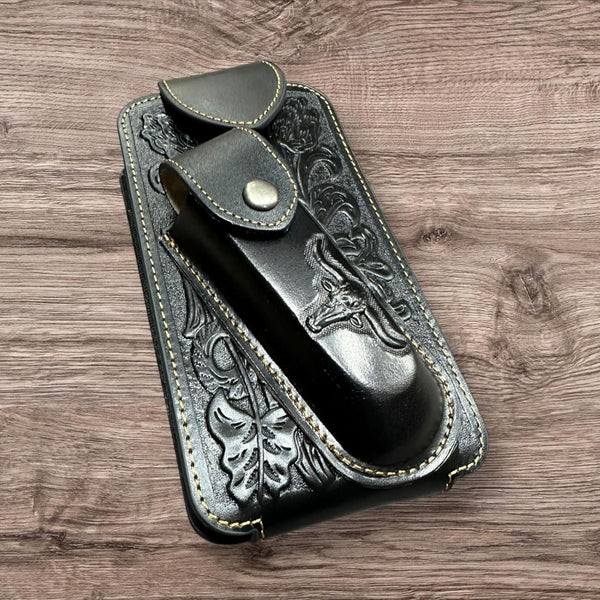 7" LONGHORN & KNIFE LEATHER POUCH HOLDER XTRA LARGE  BELT LOOP CELL PHONE CASE UNIVERSAL OVERSIZE #EH12303