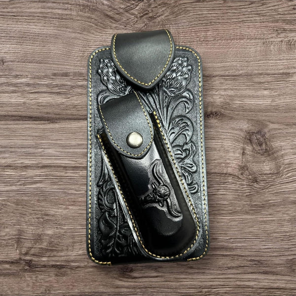 7" LONGHORN & KNIFE LEATHER POUCH HOLDER XTRA LARGE  BELT LOOP CELL PHONE CASE UNIVERSAL OVERSIZE #EH12303