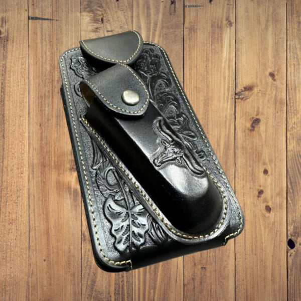 7" LONGHORN & KNIFE LEATHER POUCH HOLDER XTRA LARGE  BELT LOOP CELL PHONE CASE UNIVERSAL OVERSIZE #EH12303