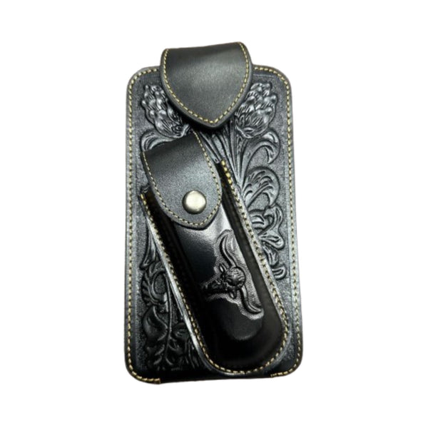 7" LONGHORN & KNIFE LEATHER POUCH HOLDER XTRA LARGE  BELT LOOP CELL PHONE CASE UNIVERSAL OVERSIZE #EH12303
