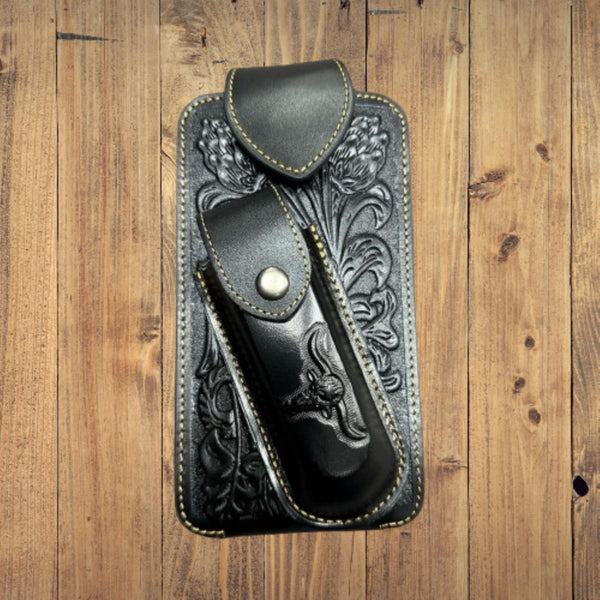 7" LONGHORN & KNIFE LEATHER POUCH HOLDER XTRA LARGE  BELT LOOP CELL PHONE CASE UNIVERSAL OVERSIZE #EH12303