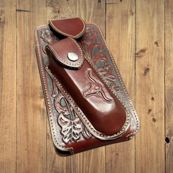 7" LONGHORN & KNIFE LEATHER POUCH HOLDER XTRA LARGE  BELT LOOP CELL PHONE CASE UNIVERSAL OVERSIZE #EH12303