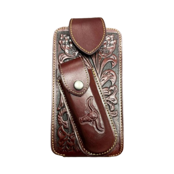 7" LONGHORN & KNIFE LEATHER POUCH HOLDER XTRA LARGE  BELT LOOP CELL PHONE CASE UNIVERSAL OVERSIZE #EH12303