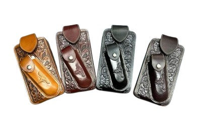 7" LONGHORN & KNIFE LEATHER POUCH HOLDER XTRA LARGE  BELT LOOP CELL PHONE CASE UNIVERSAL OVERSIZE #EH12303