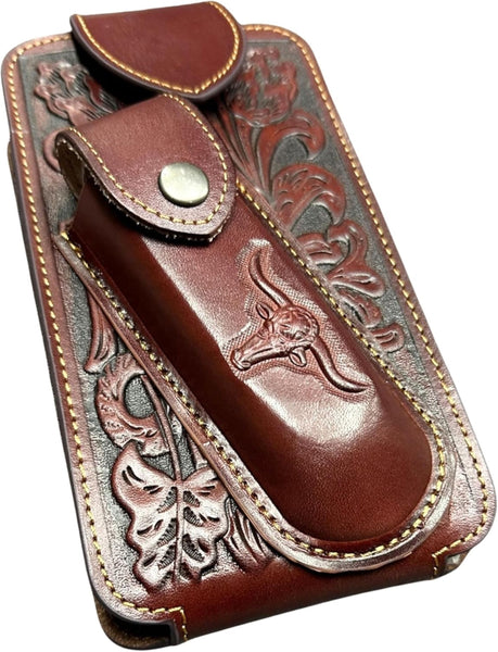 7" LONGHORN & KNIFE LEATHER POUCH HOLDER XTRA LARGE  BELT LOOP CELL PHONE CASE UNIVERSAL OVERSIZE #EH12303