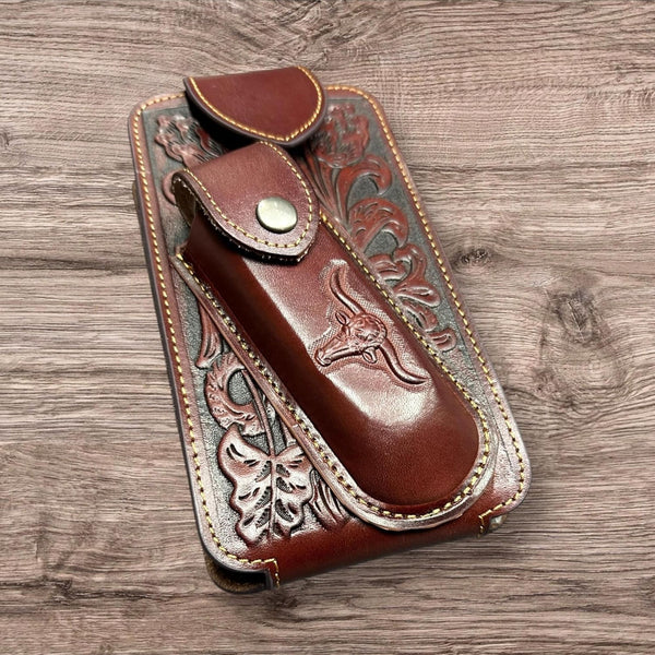 7" LONGHORN & KNIFE LEATHER POUCH HOLDER XTRA LARGE  BELT LOOP CELL PHONE CASE UNIVERSAL OVERSIZE #EH12303