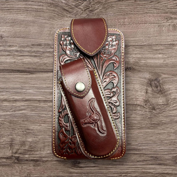 7" LONGHORN & KNIFE LEATHER POUCH HOLDER XTRA LARGE  BELT LOOP CELL PHONE CASE UNIVERSAL OVERSIZE #EH12303