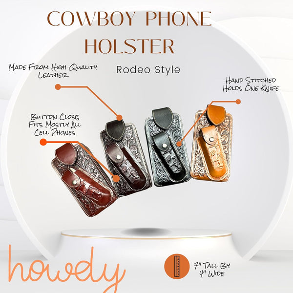7" LONGHORN & KNIFE LEATHER POUCH HOLDER XTRA LARGE  BELT LOOP CELL PHONE CASE UNIVERSAL OVERSIZE #EH12303