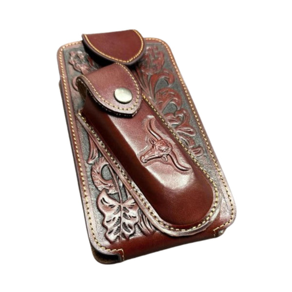 7" LONGHORN & KNIFE LEATHER POUCH HOLDER XTRA LARGE  BELT LOOP CELL PHONE CASE UNIVERSAL OVERSIZE #EH12303