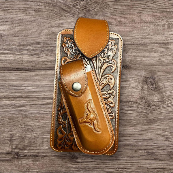 7" LONGHORN & KNIFE LEATHER POUCH HOLDER XTRA LARGE  BELT LOOP CELL PHONE CASE UNIVERSAL OVERSIZE #EH12303