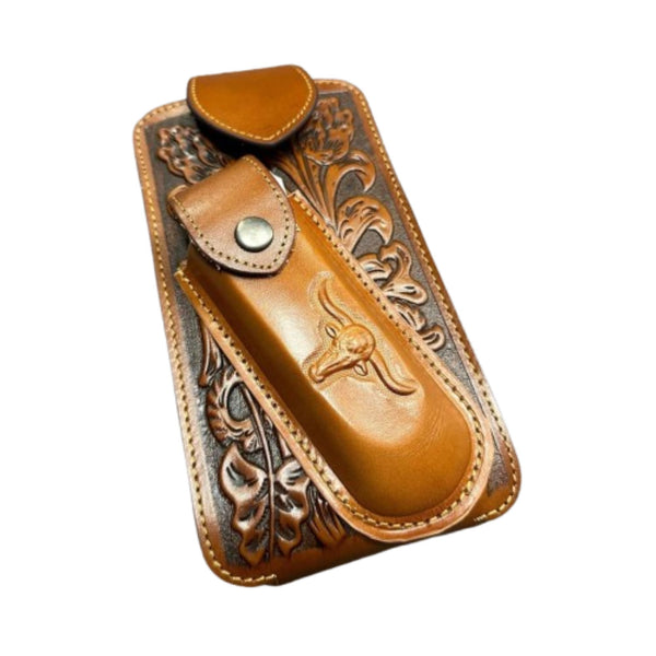 7" LONGHORN & KNIFE LEATHER POUCH HOLDER XTRA LARGE  BELT LOOP CELL PHONE CASE UNIVERSAL OVERSIZE #EH12303