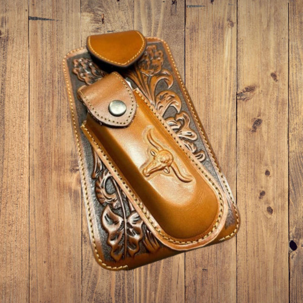 7" LONGHORN & KNIFE LEATHER POUCH HOLDER XTRA LARGE  BELT LOOP CELL PHONE CASE UNIVERSAL OVERSIZE #EH12303