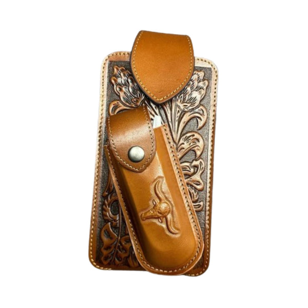 7" LONGHORN & KNIFE LEATHER POUCH HOLDER XTRA LARGE  BELT LOOP CELL PHONE CASE UNIVERSAL OVERSIZE #EH12303