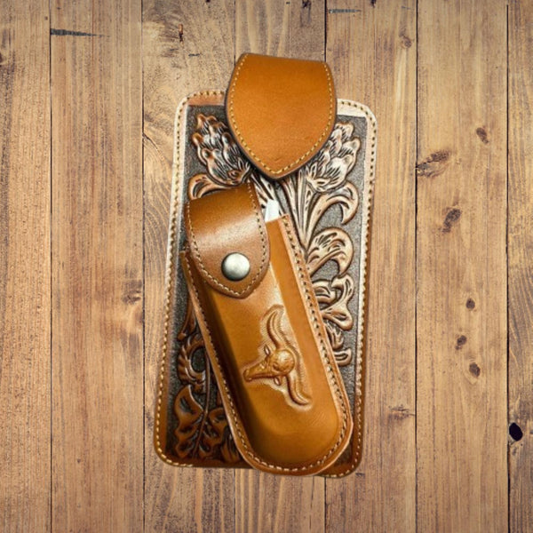 7" LONGHORN & KNIFE LEATHER POUCH HOLDER XTRA LARGE  BELT LOOP CELL PHONE CASE UNIVERSAL OVERSIZE #EH12303