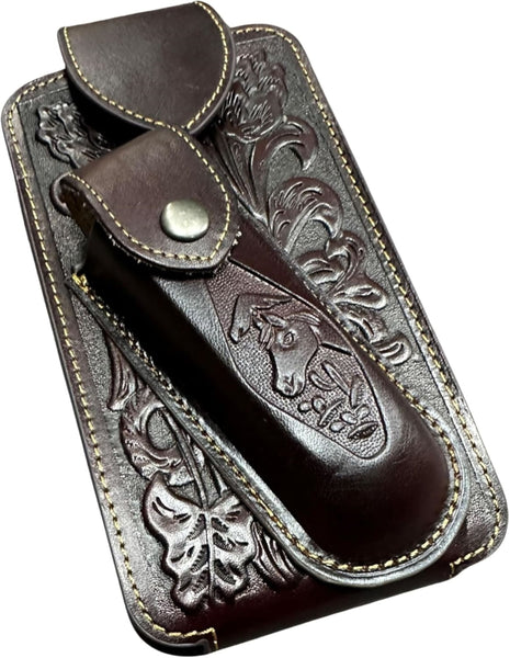 7" HORSE & KNIFE LEATHER POUCH HOLDER XTRA LARGE  BELT LOOP CELL PHONE CASE UNIVERSAL OVERSIZE #EH12292