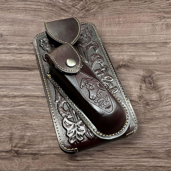 7" HORSE & KNIFE LEATHER POUCH HOLDER XTRA LARGE  BELT LOOP CELL PHONE CASE UNIVERSAL OVERSIZE #EH12292