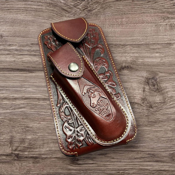 7" HORSE & KNIFE LEATHER POUCH HOLDER XTRA LARGE  BELT LOOP CELL PHONE CASE UNIVERSAL OVERSIZE #EH12292