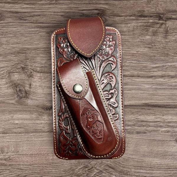 7" HORSE & KNIFE LEATHER POUCH HOLDER XTRA LARGE  BELT LOOP CELL PHONE CASE UNIVERSAL OVERSIZE #EH12292