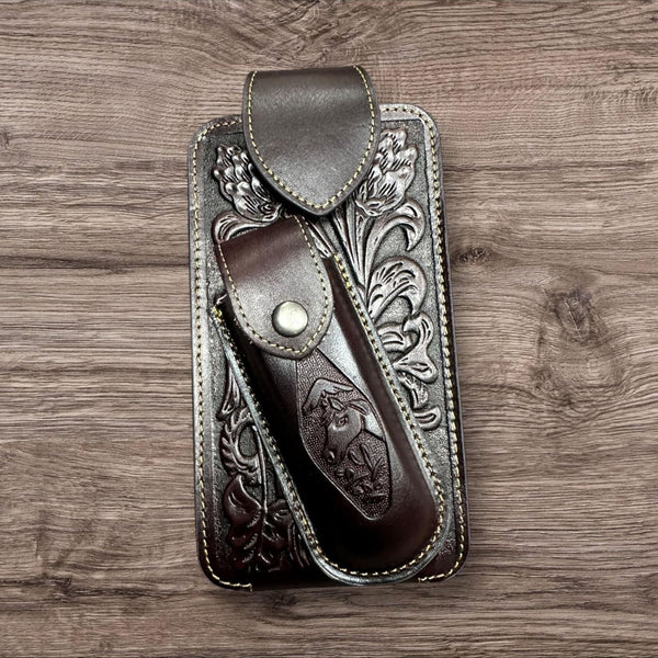 7" HORSE & KNIFE LEATHER POUCH HOLDER XTRA LARGE  BELT LOOP CELL PHONE CASE UNIVERSAL OVERSIZE #EH12292