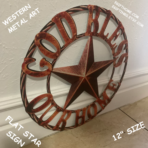 #EH11364 12" GOD BLESS OUR HOME METAL FLAT SIGN NOT 3D STAR WESTERN HOME DECOR HANDMADE NEW