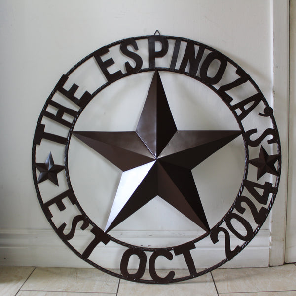 THE ESPINOZA STAR STYLE YOUR CUSTOM FAMILY NAME STAR METAL BARN STAR TWISTED ROPE RING WESTERN HOME DECOR RUSTIC BROWN HANDMADE 24",32",36",40",50"
