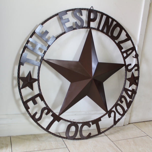 THE ESPINOZA STAR STYLE YOUR CUSTOM FAMILY NAME STAR METAL BARN STAR TWISTED ROPE RING WESTERN HOME DECOR RUSTIC BROWN HANDMADE 24",32",36",40",50"