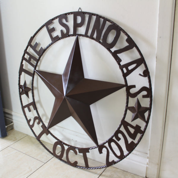 THE ESPINOZA STAR STYLE YOUR CUSTOM FAMILY NAME STAR METAL BARN STAR TWISTED ROPE RING WESTERN HOME DECOR RUSTIC BROWN HANDMADE 24",32",36",40",50"
