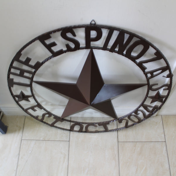 THE ESPINOZA STAR STYLE YOUR CUSTOM FAMILY NAME STAR METAL BARN STAR TWISTED ROPE RING WESTERN HOME DECOR RUSTIC BROWN HANDMADE 24",32",36",40",50"